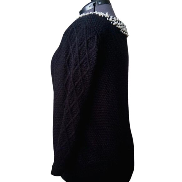 KARL LAGERFELD PARIS Black W/Pearl Embellished Neck Cable Knit Sweater Sz XL/16 - Picture 4 of 11